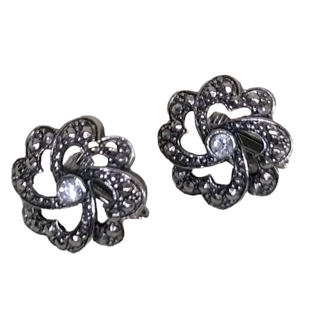 Vintage Silver Flower and Crystal Clip Earrings